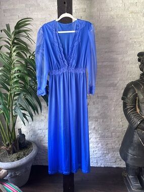 Olga Lapis Blue Long Sleeve Peignoir Lace Cover Size Large New Tags